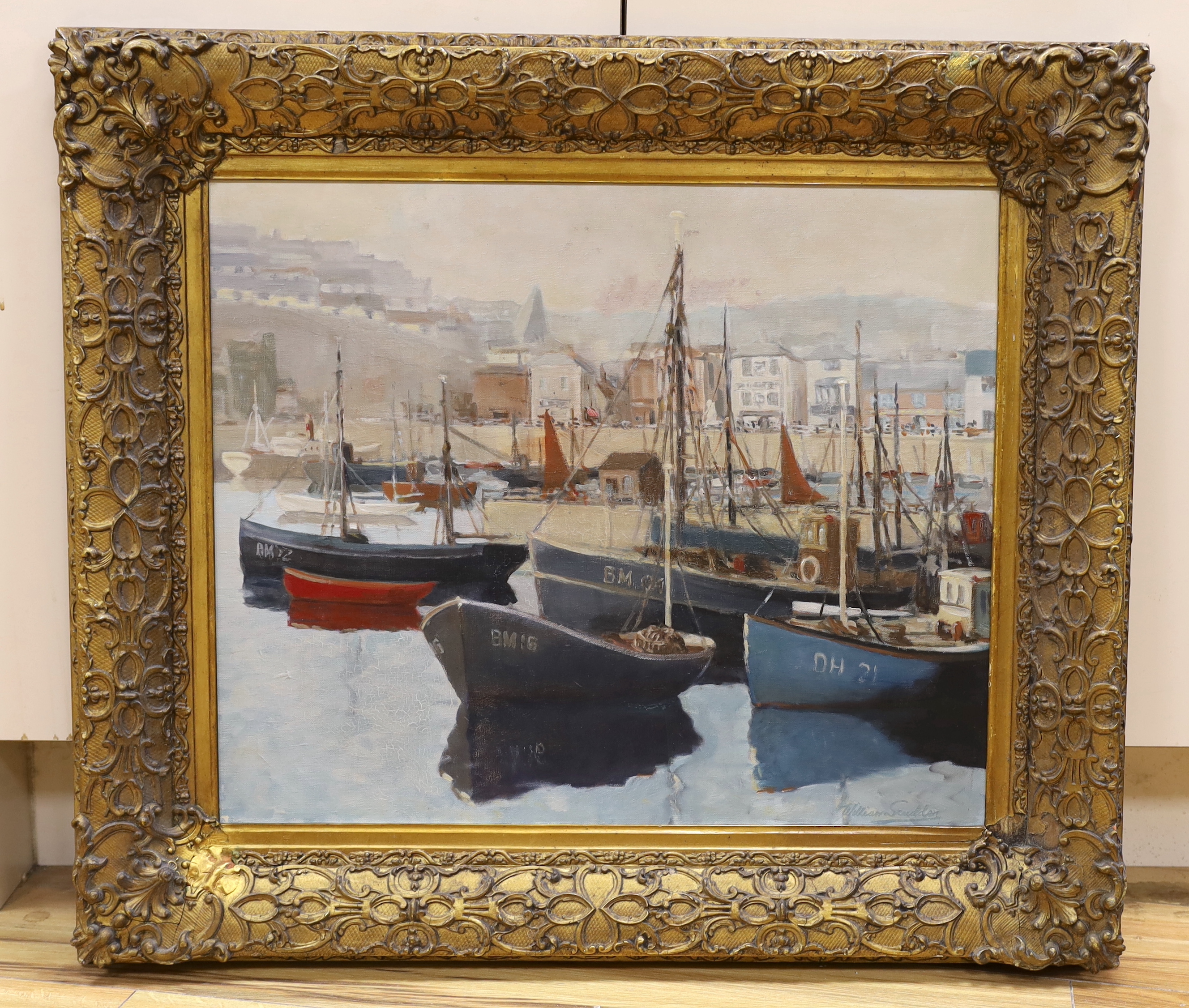 William Scudder (20th. C) oil on canvas, 'Brixham harbour' signed, 59cm x 49cm, ornate gilt frame